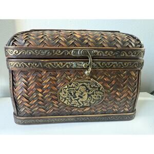 Vintage Hinged Wood Wicker Rattan Copper Woven Basket Storage Chest Trunk 10X7X6